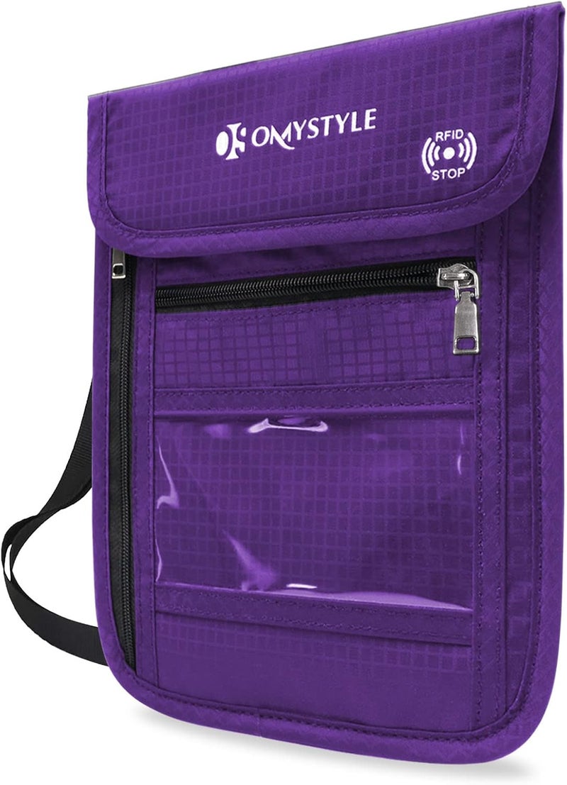 OMYSTYLE Neck Wallet, RFID Passport Holder for Travel, Adjustable Neck Strap, Waterproof Neck Pouch for Men & Women to Keep Cash, Credit Cards and Documents Safe, Purple (8x6) - Image 1